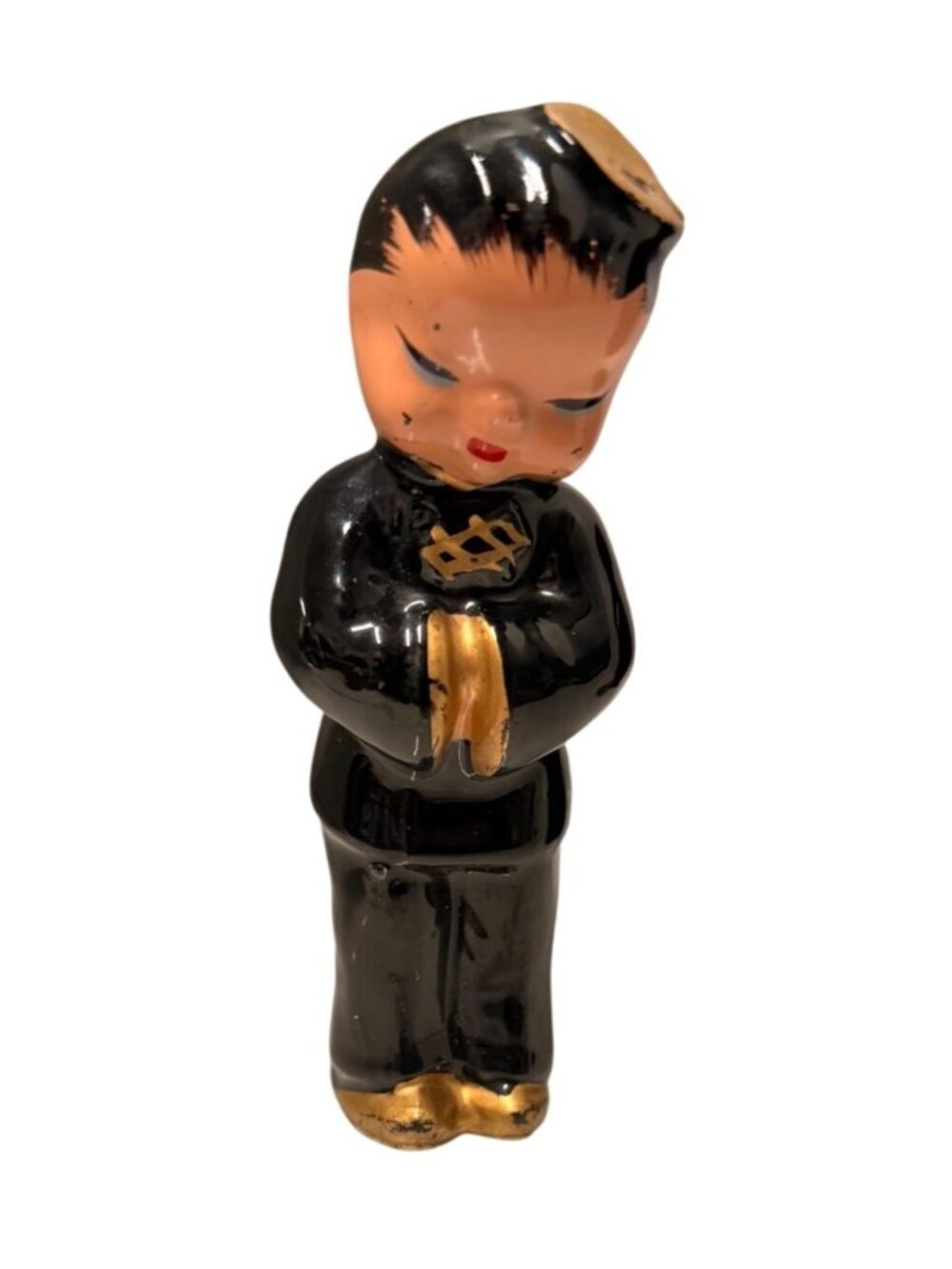 Vintage Mid Century Ceramic Japanese Bowing Boy Figurine Black Gold Chinoiserie